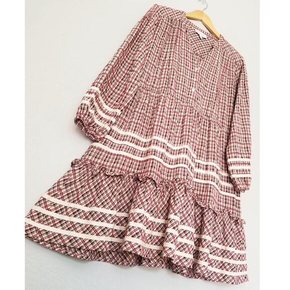 Dear John Plaid Ribbon Trim Tiered Mini Dress S Balloon Sleeves Cottagecore Boho - Picture 13 of 16